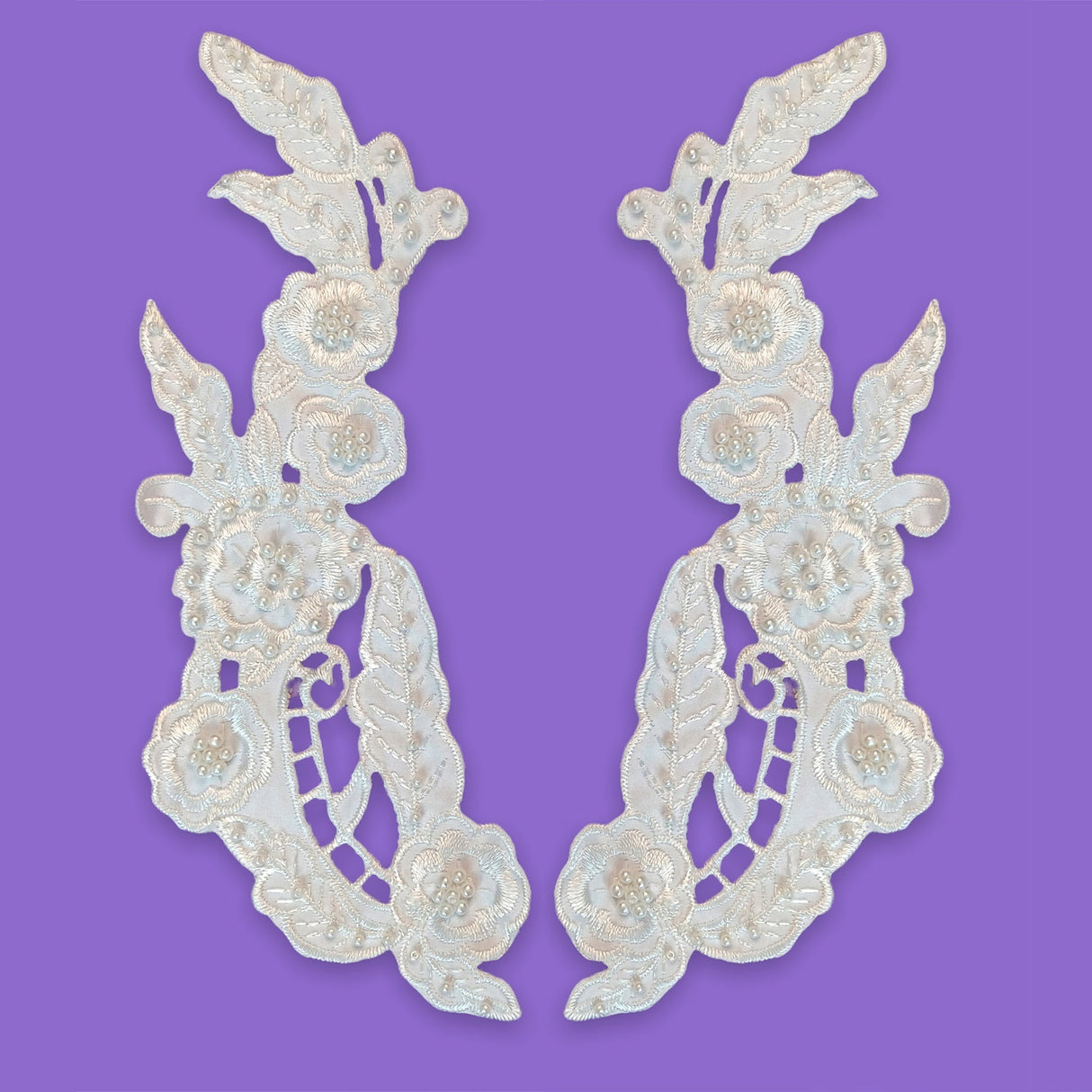 1 Pair Beaded Lace Applique Embroidered Satin Applique 10.75" x 3.25" Each