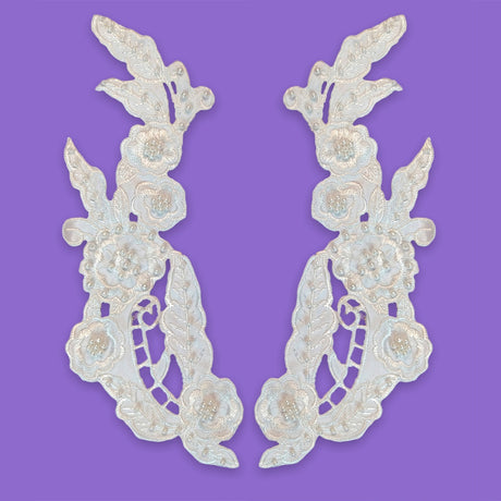 1 Pair Beaded Lace Applique Embroidered Satin Applique 10.75" x 3.25" Each