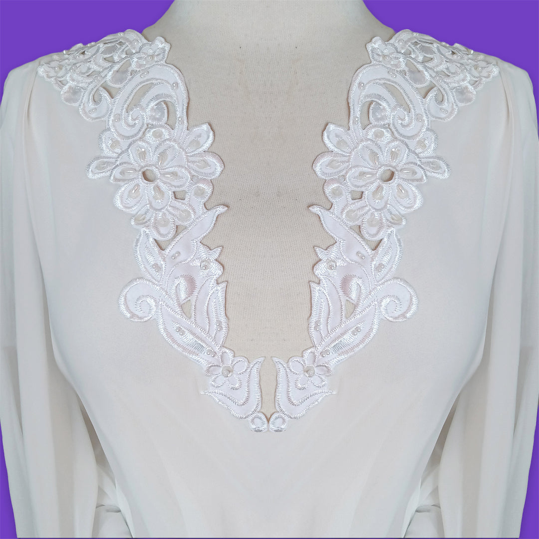 1 Pair Handmade Beaded Lace Applique on Satin for Bridal & Baptism 12.25" x 3.25" Each Side