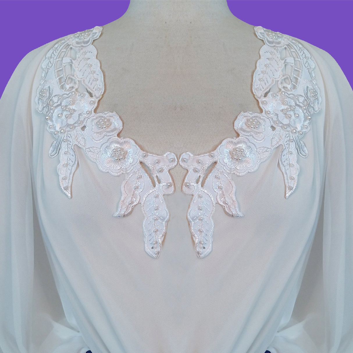 1 Pair Beaded Lace Applique Embroidered Satin Applique 10.75" x 3.25" Each
