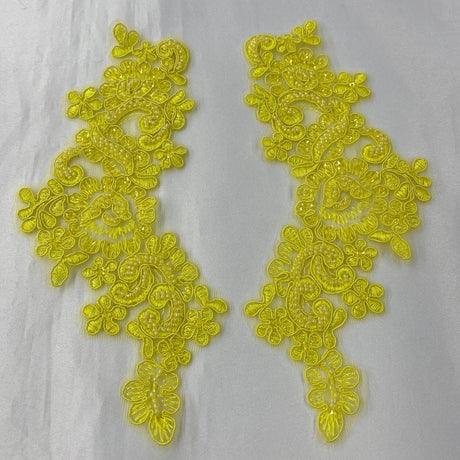 1 Pair 9" x 3" Each Side Beaded & Corded Floral Lace Applique Organza