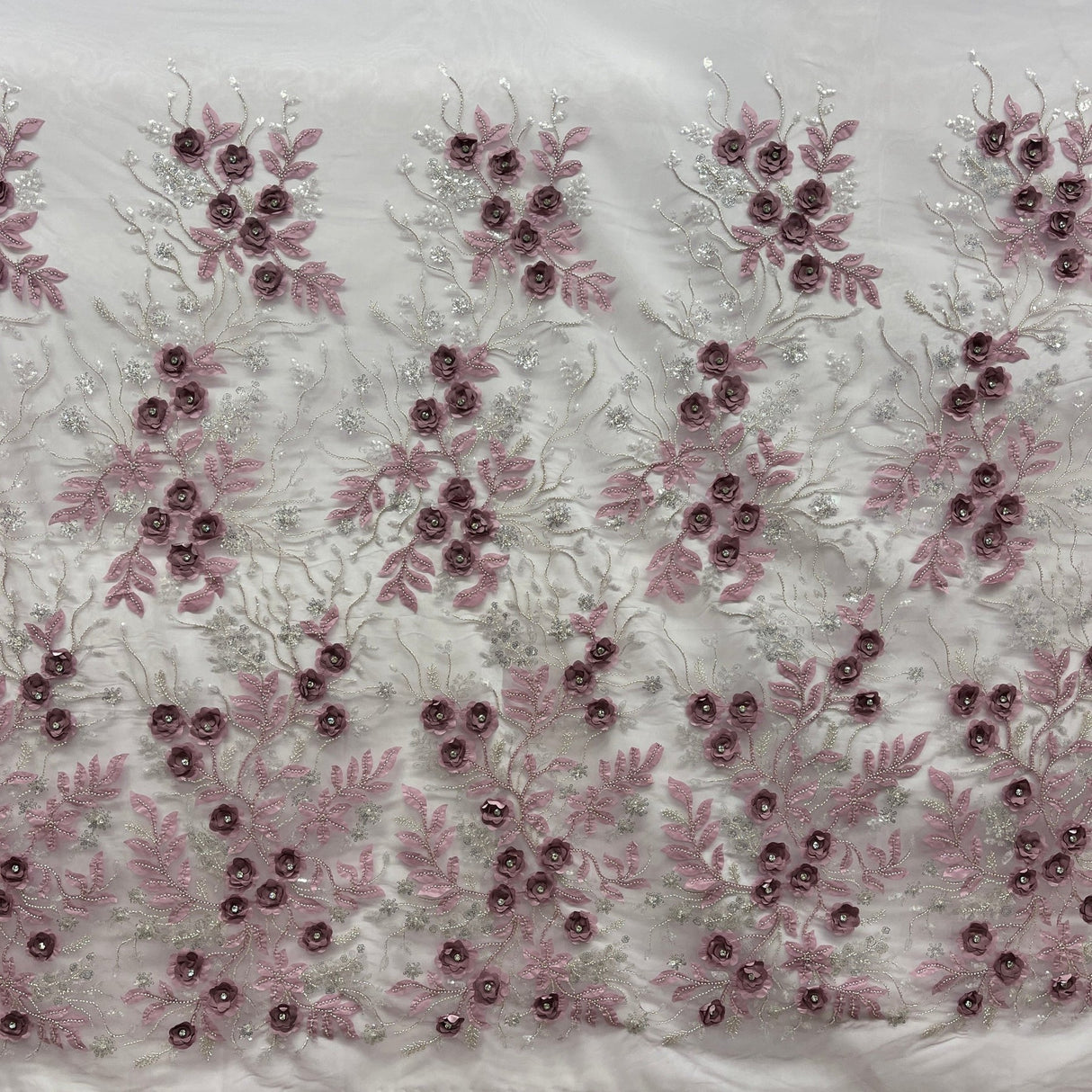 1 Yard Exquisite Off White Beaded 3D Floral Lace Fabric on Net Mesh 52 inch Width
