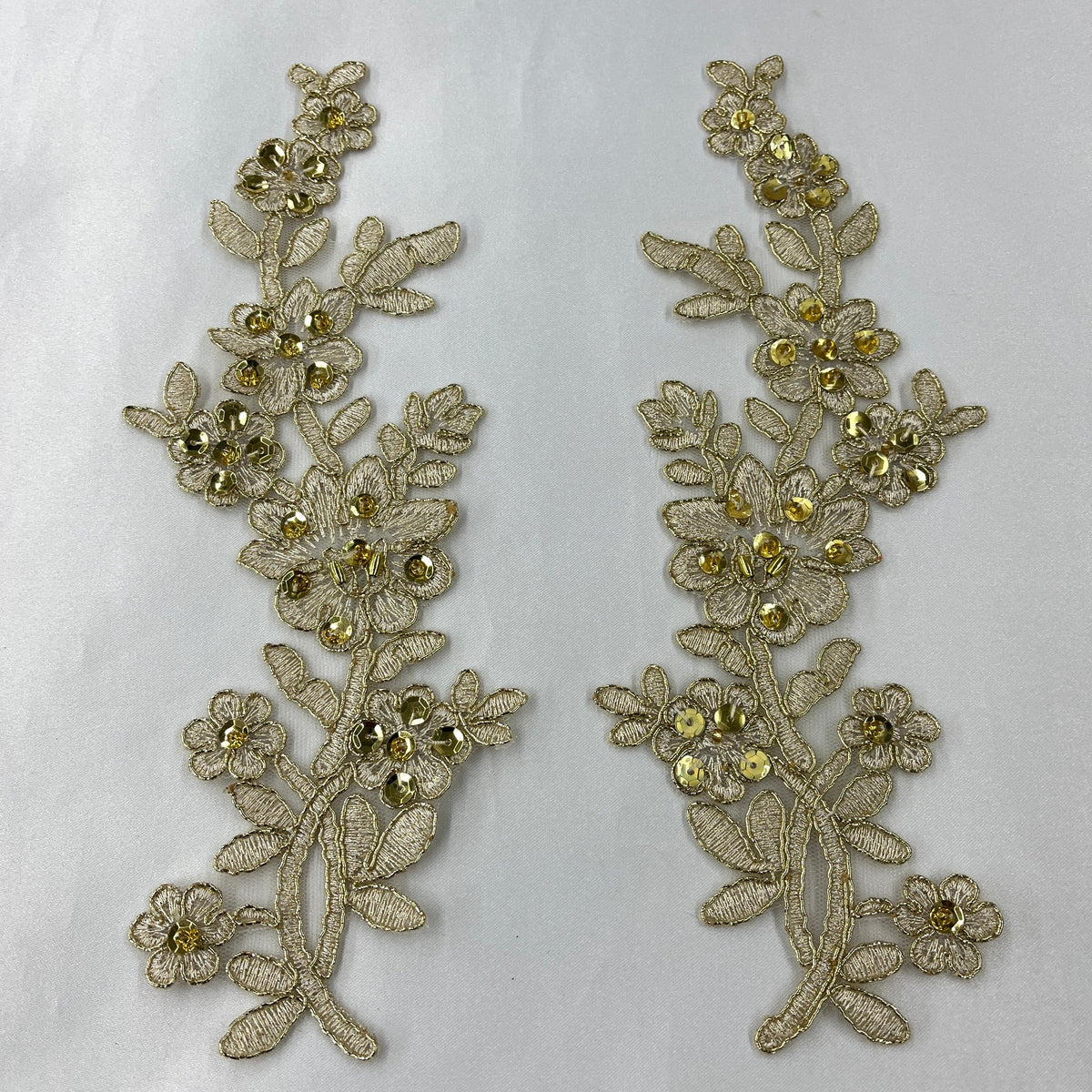 1 Yard Beaded & Corded Floral Lace Applique Embroidered on 100% Polyester Net Mesh 10" X 2" Each Side