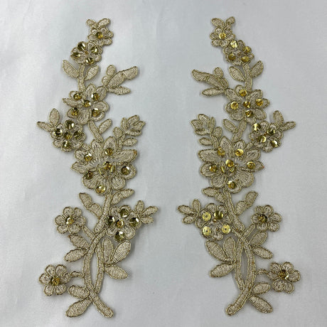 1 Pair Beaded & Corded Floral Lace Applique 10" x 2" Each Side