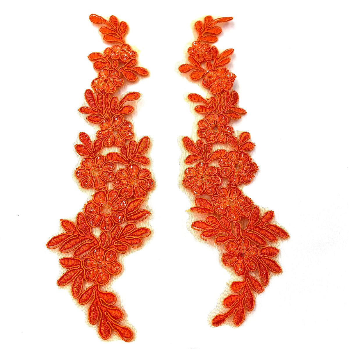 1 Yard Beaded and Corded Floral Lace Applique Embroidered on 100% Polyester Net Mesh 9.5" x 2" Each Side