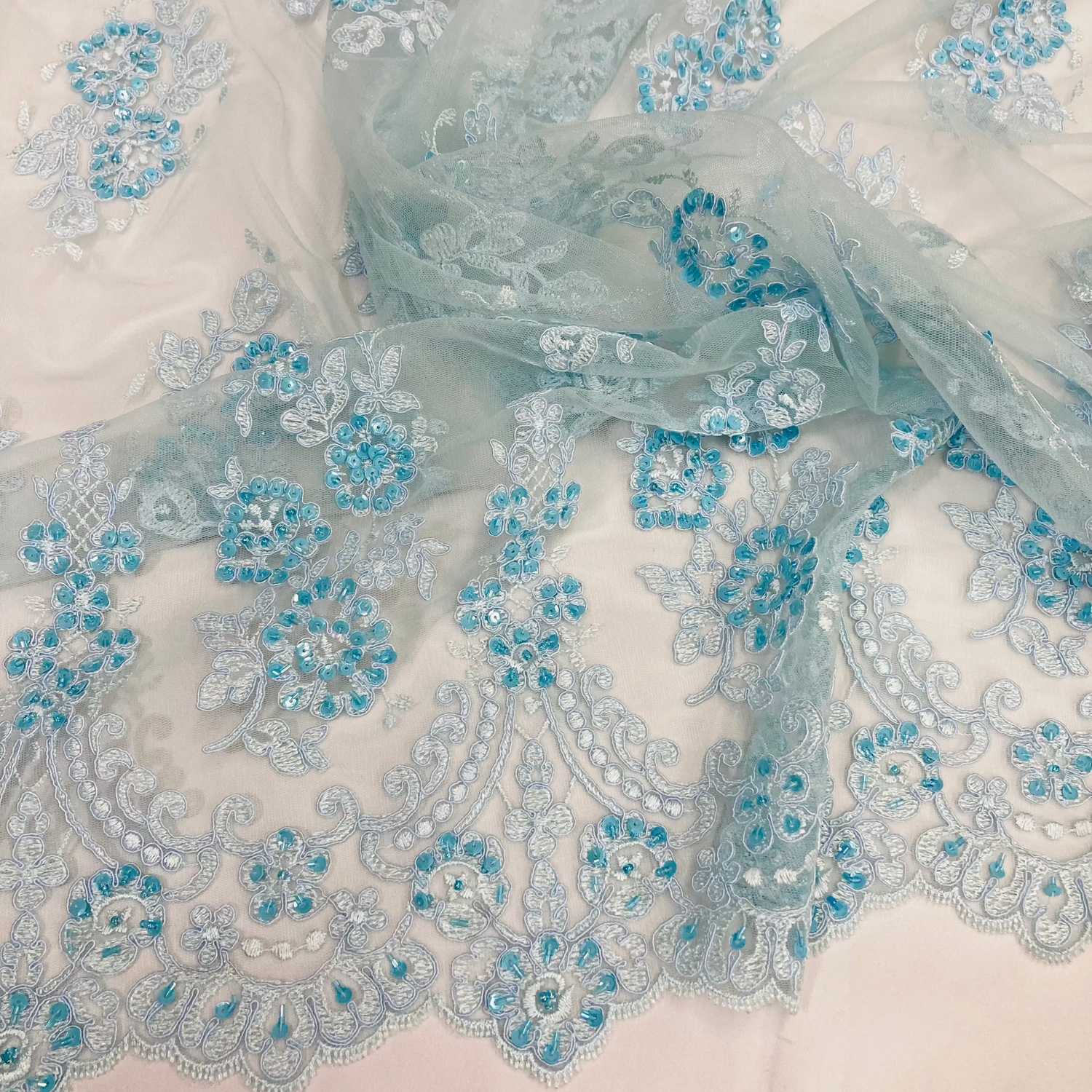 1 Yard White Beaded Corded Lace Fabric Embroidered on Polyester Net Mesh 52 inch Width