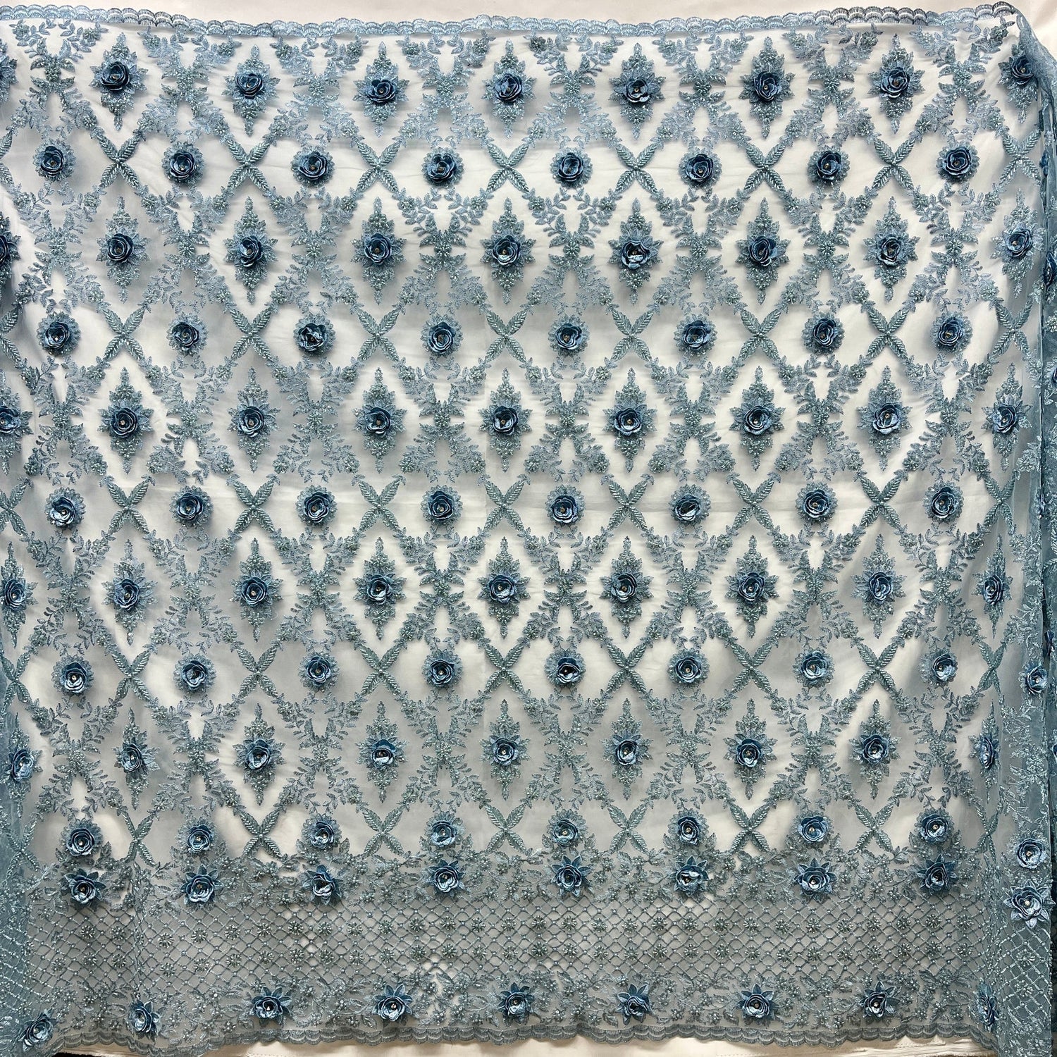 1 Yard Beaded 3D Floral Lace Fabric, Navy Embroidered Mesh, 100% Polyester, 51” Wide,