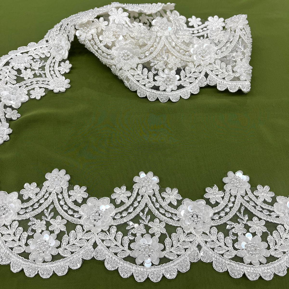 1 Yard Elegant Beaded & Corded Floral Lace Trim on Soft 100% Polyester Mesh