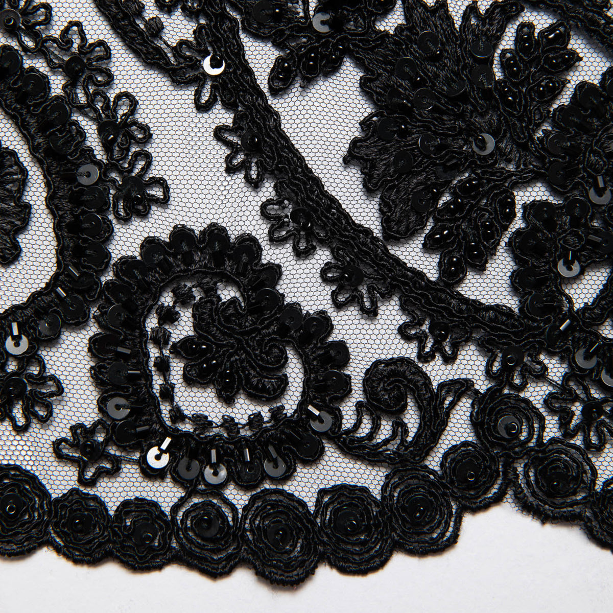 1 Yard Tulle Lace Fabric Embroidered with Sequins and Intricate Floral Pattern, 52" Wide