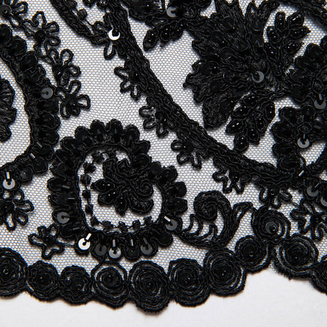 1 Yard Tulle Lace Fabric Embroidered with Sequins and Intricate Floral Pattern, 52" Wide