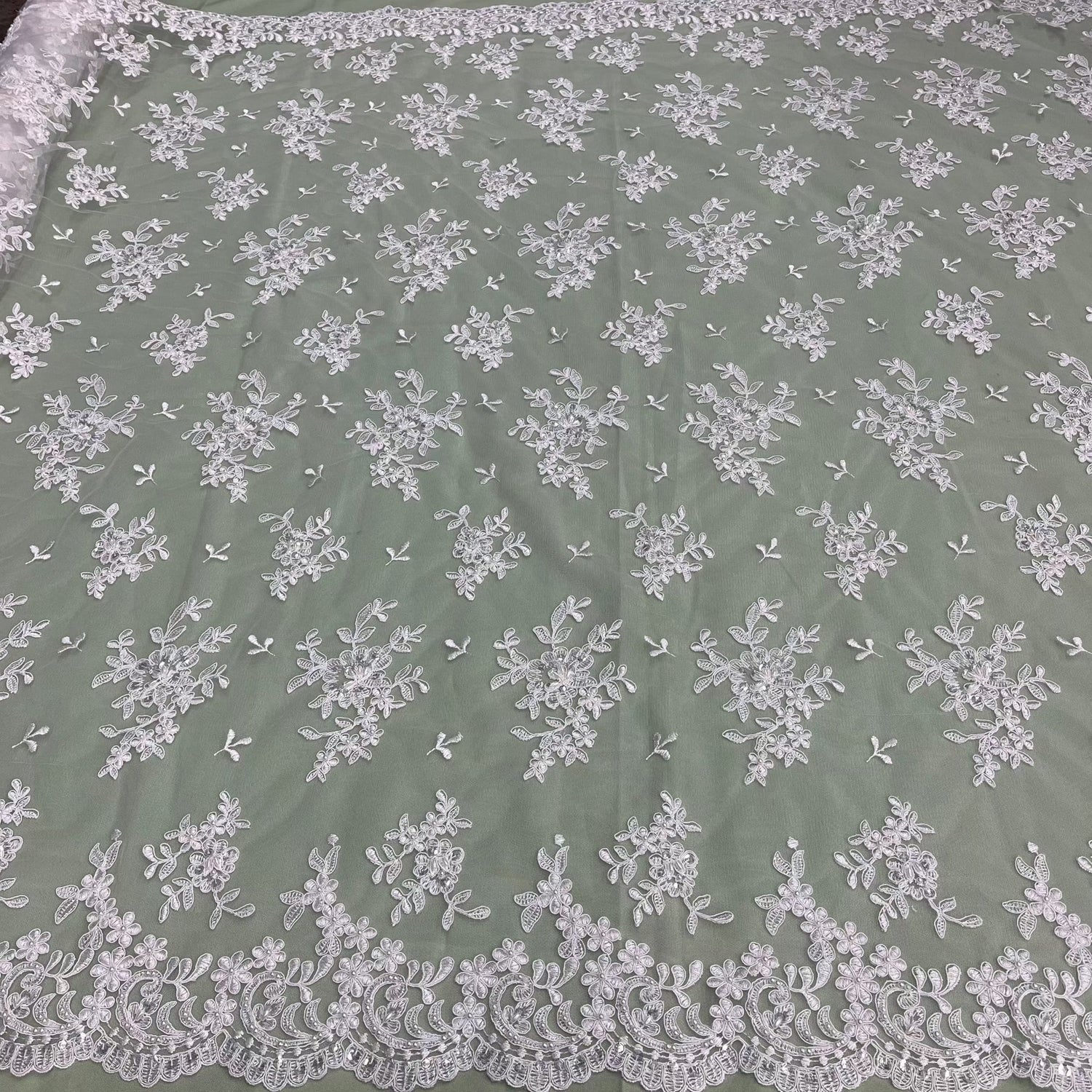 1 Yard Luxurious Beaded and Corded Bridal Lace Fabric Embroidered on Polyester Net Mesh 52 inch Width