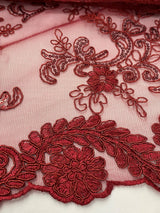 Elena's Lace Polyester Fabric - Burgundy Corded Mesh Embroidered With Sequins, Double Scalloped Edge, 54" Width (1 Yard)