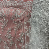 1 Yard Elegant Corded Bridal Lace Fabric on 100% Polyester Net Mesh, Embroidered Floral Design