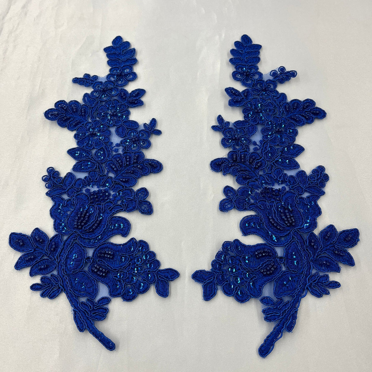 1 Pair 12" x 3.5" Beaded & Corded Floral Lace Applique 100% Polyester Net Mesh