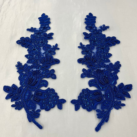 1 Pair 12" x 3.5" Beaded & Corded Floral Lace Applique 100% Polyester Net Mesh