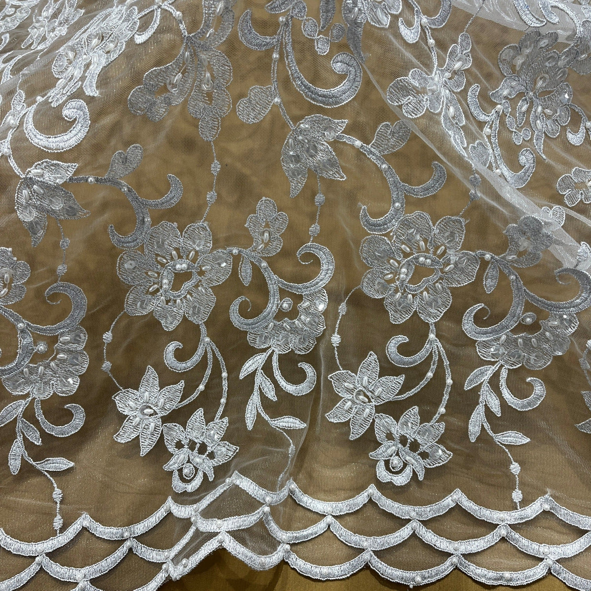 1 Yard Beaded & Corded Bridal Lace Fabric on 100% Polyester Net Mesh, Elegant Embroidered Design
