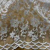 1 Yard Beaded & Corded Bridal Lace Fabric on 100% Polyester Net Mesh, Elegant Embroidered Design