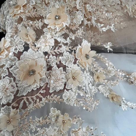 1 Yard Beaded 3D Floral Lace Fabric with Rhinestones, 51" Wide Embroidered Mesh