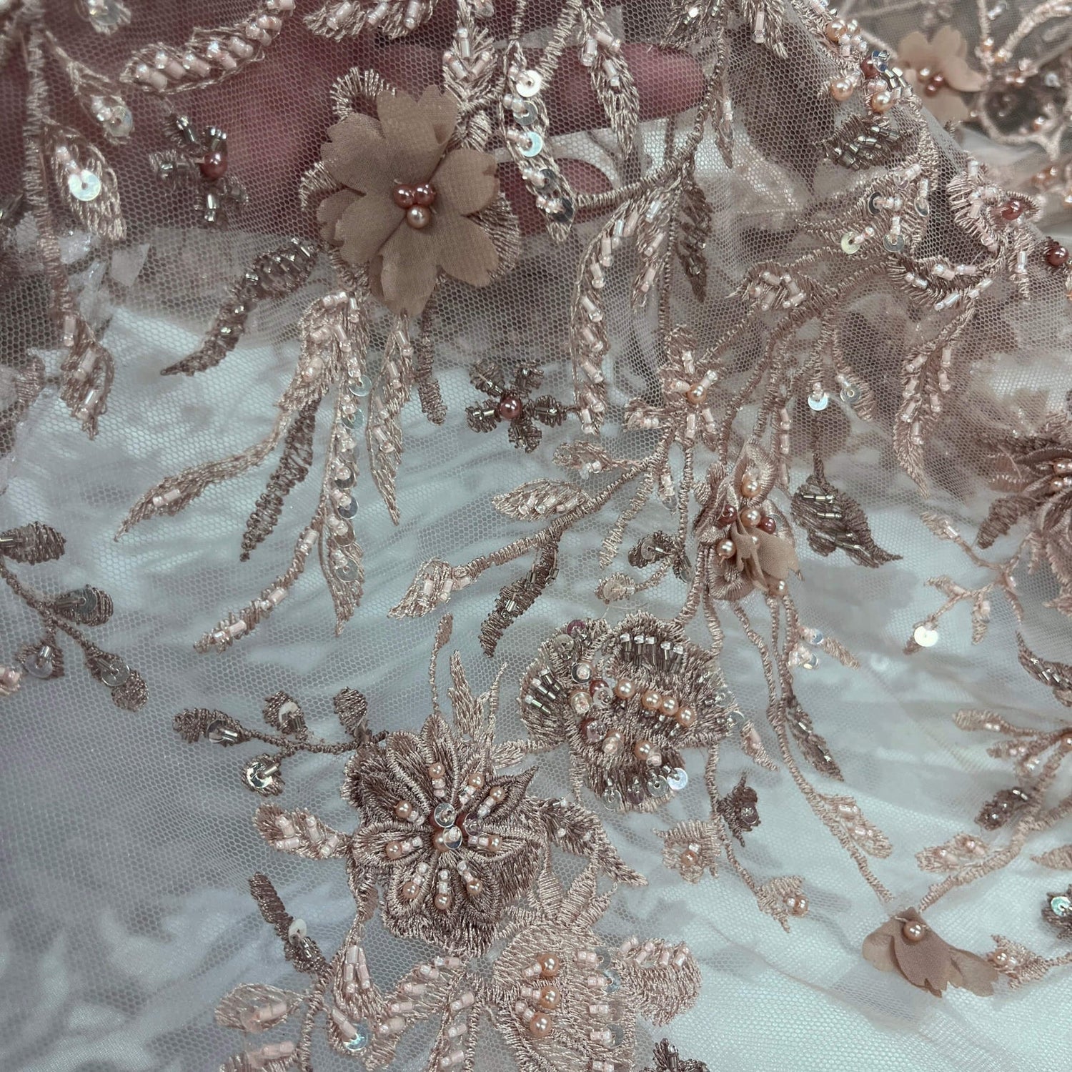 1 Yard Beaded 3D Floral Lace Fabric with Rhinestones – 51" Wide Embroidered Bridal & Evening Dress Lace