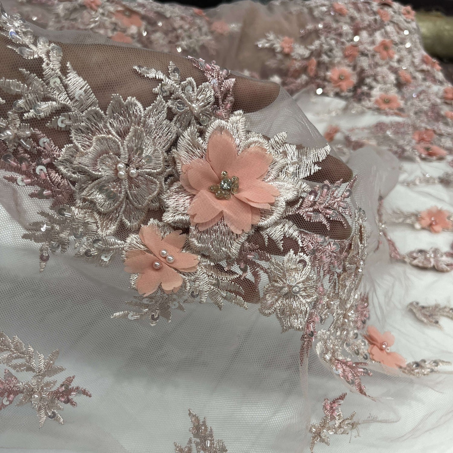 1 Yard Beaded 3D Floral Lace Fabric with Rhinestones, 51" Wide Embroidered Mesh