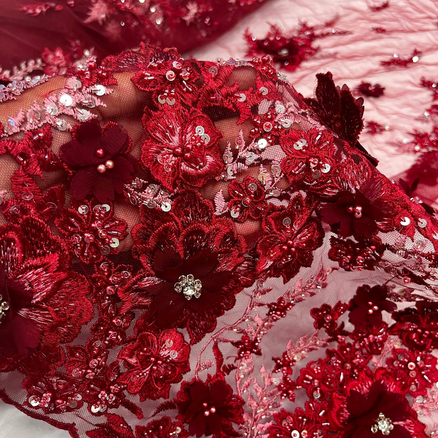 1 Yard Beaded 3D Floral Lace Fabric with Rhinestones, 51" Wide Embroidered Mesh