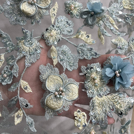 1 Yard Beaded 3D Floral Lace Fabric – 51" Wide Embroidered Bridal, Quinceañera & Evening Dress Lace