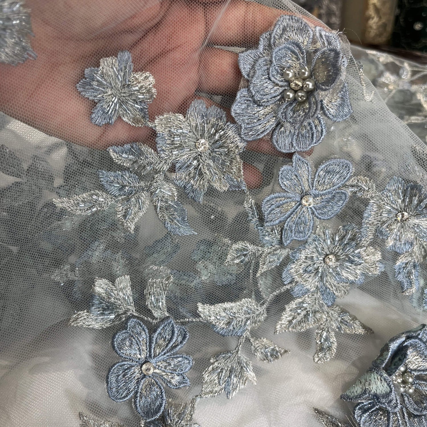 1 Yard 3D Beaded Floral Lace Fabric, Embroidered Mesh with Rhinestones & Scalloped Edges