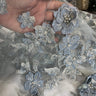 1 Yard 3D Beaded Floral Lace Fabric, Embroidered Mesh with Rhinestones & Scalloped Edges