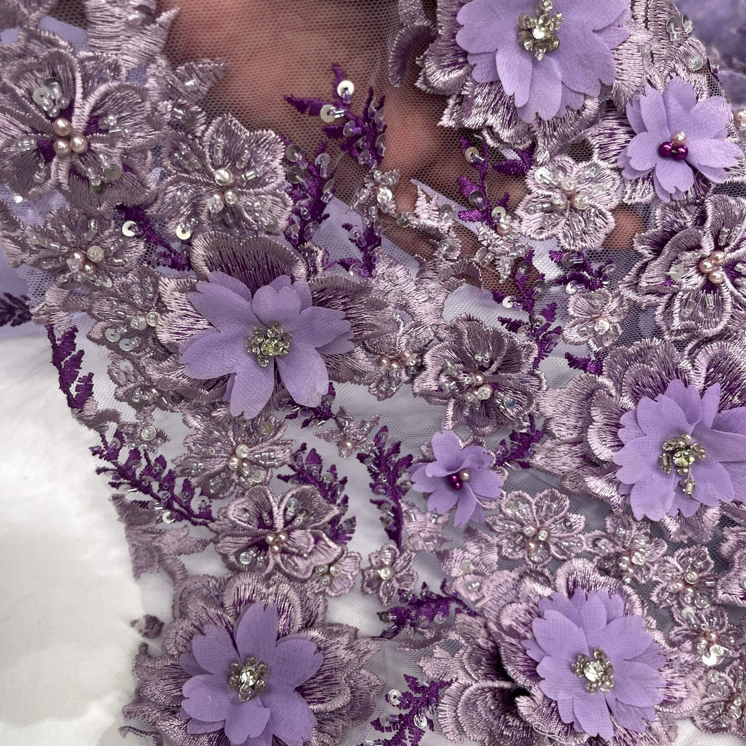 1 Yard Beaded 3D Floral Lace Fabric with Rhinestones, 51" Wide Embroidered Mesh