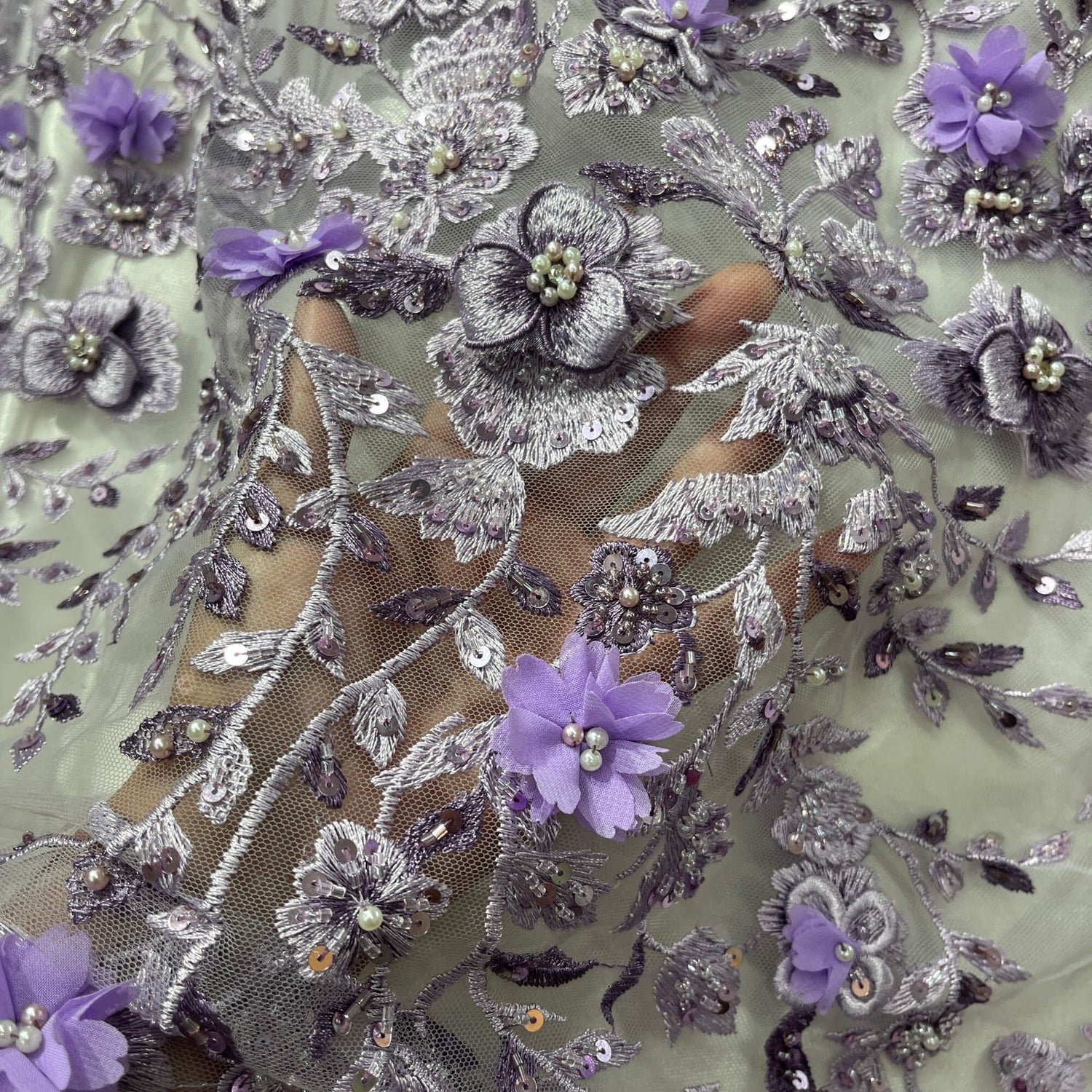 1 Yard Beaded 3D Floral Lace Fabric – 51" Wide Embroidered Bridal, Quinceañera & Evening Dress Lace