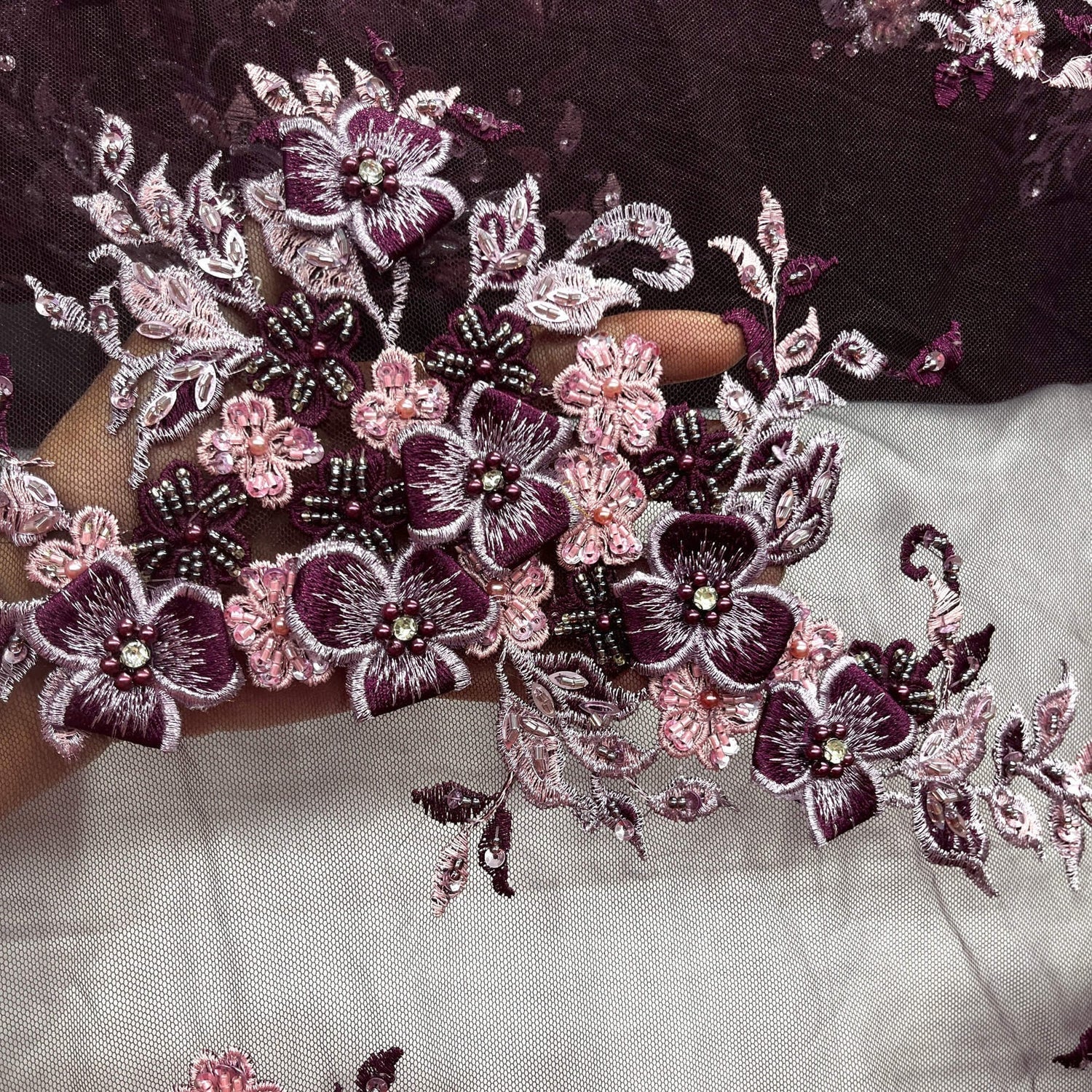 1 Yard 3D Beaded Floral Lace Fabric with Rhinestones, 51" Wide Embroidered Mesh