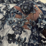 1 Yard 3D Beaded Floral Lace Fabric, Embroidered Mesh with Rhinestones & Scalloped Edges