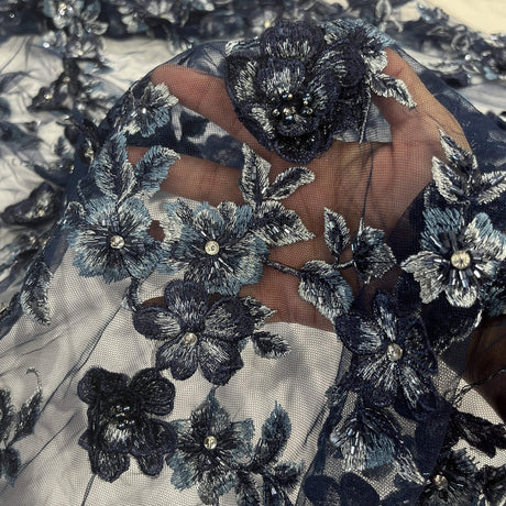 1 Yard 3D Beaded Floral Lace Fabric, Embroidered Mesh with Rhinestones & Scalloped Edges