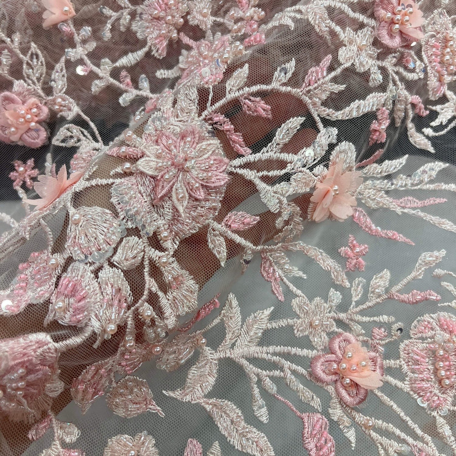 1 Yard Beaded 3D Floral Lace Fabric with Rhinestones – 51" Wide Embroidered Bridal & Evening Dress Lace