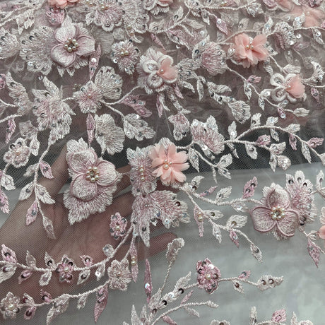 1 Yard Beaded 3D Floral Lace Fabric – 51" Wide Embroidered Bridal, Quinceañera & Evening Dress Lace