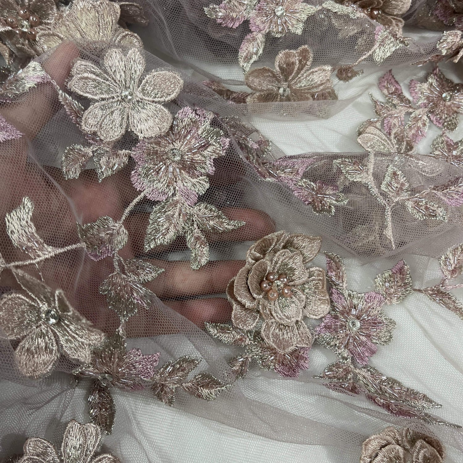 1 Yard 3D Beaded Floral Lace Fabric, Embroidered Mesh with Rhinestones & Scalloped Edges