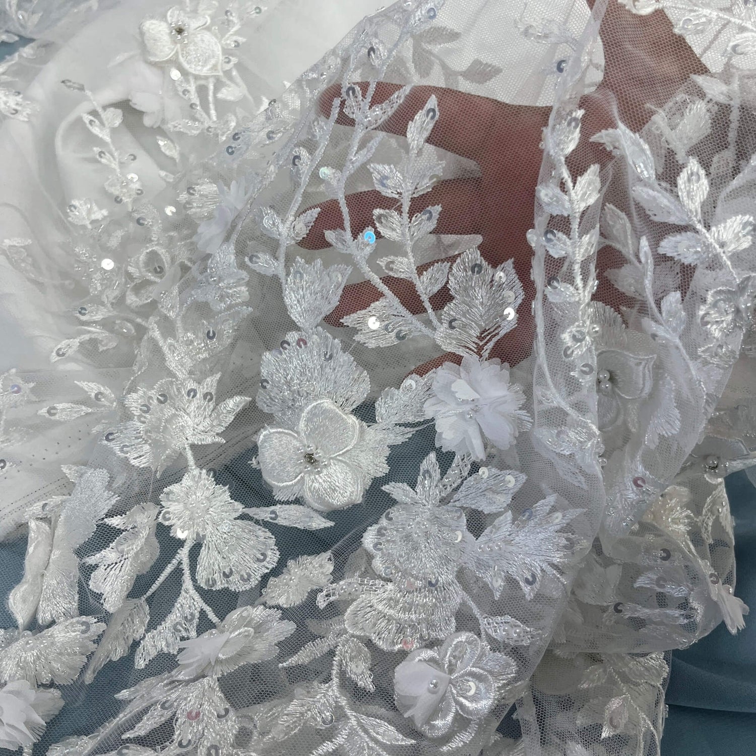 1 Yard Beaded 3D Floral Lace Fabric – 51" Wide Embroidered Bridal, Quinceañera & Evening Dress Lace