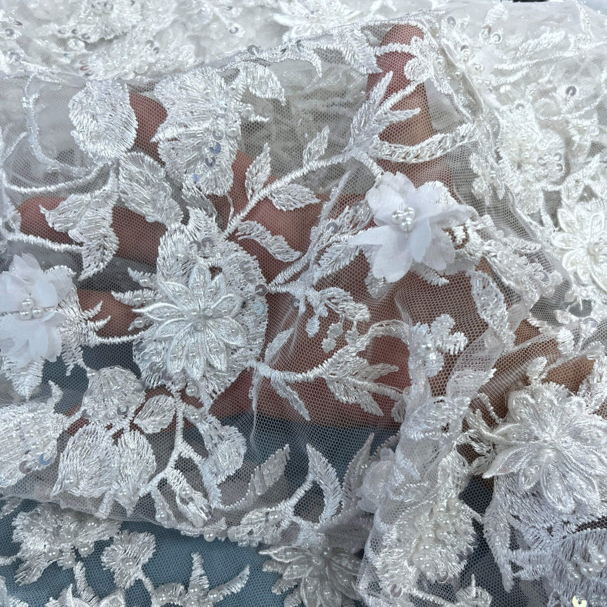 Beaded 3D Floral Lace Fabric with Rhinestones – 51" Wide Embroidered Bridal & Evening Dress Lace