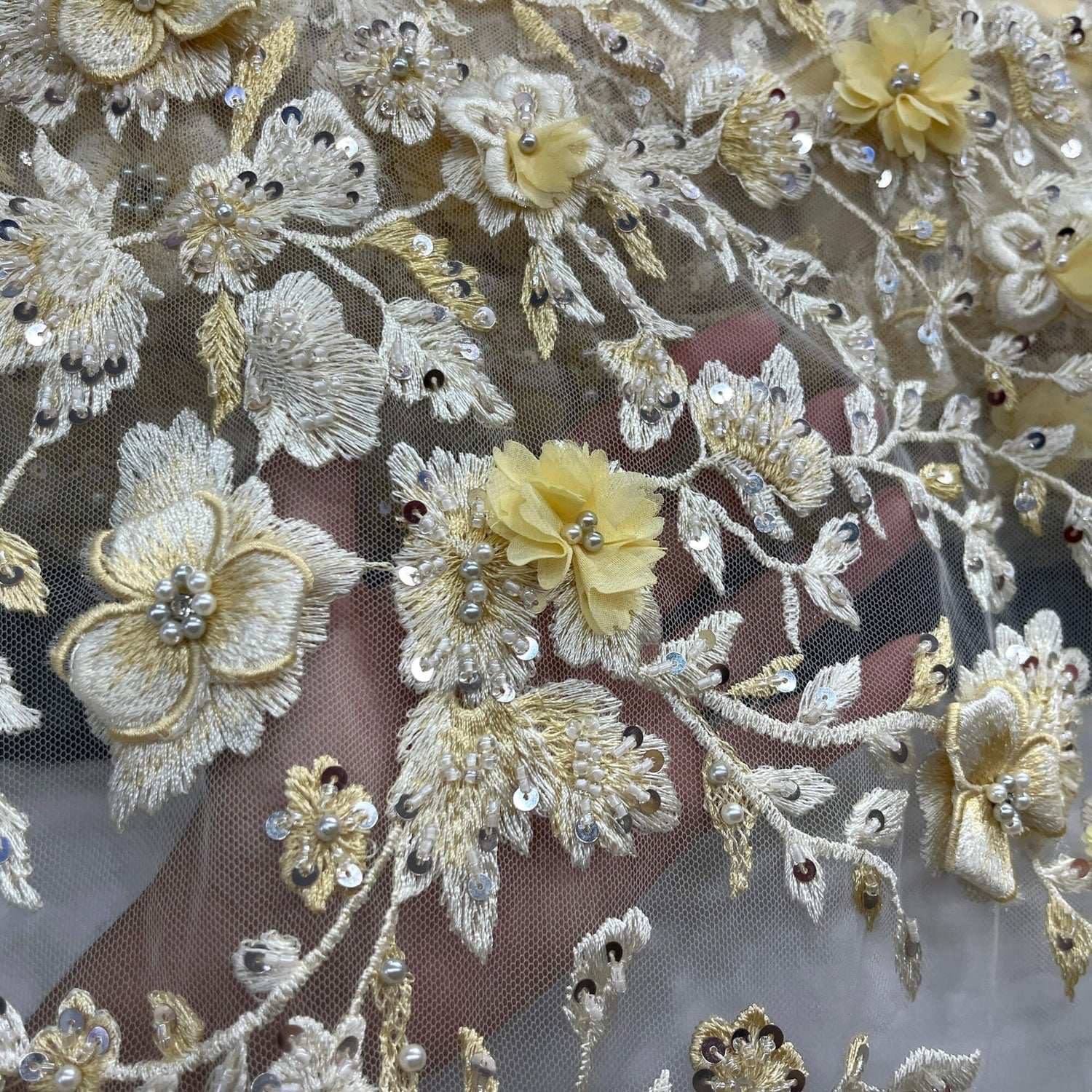 1 Yard Beaded 3D Floral Lace Fabric – 51" Wide Embroidered Bridal, Quinceañera & Evening Dress Lace