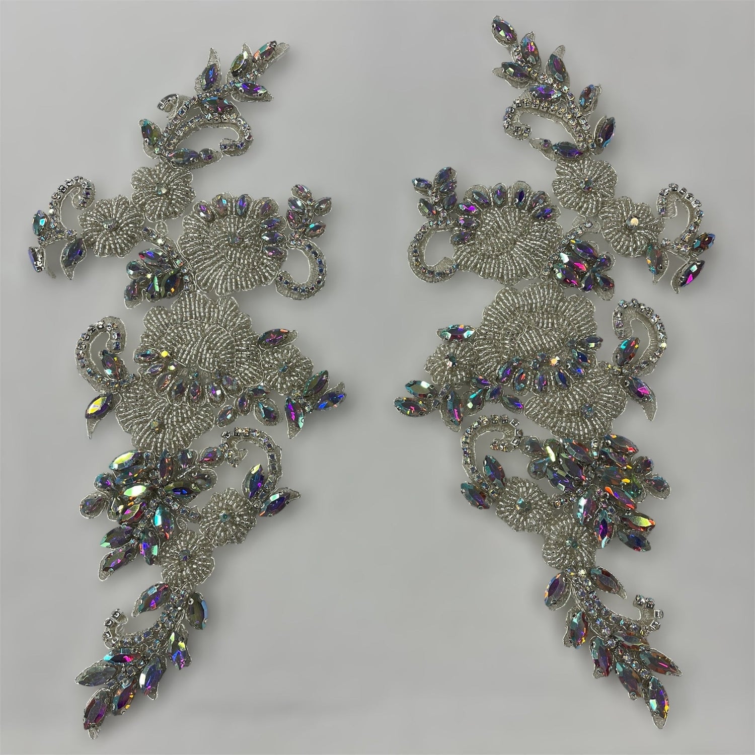 1 Pair 12" x 5" Each Side Crystal Rhinestone Beaded & Corded Lace 100% Polyester