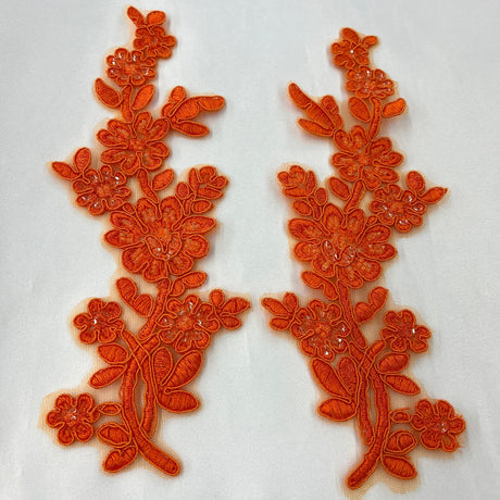 1 Pair Beaded & Corded Floral Lace Applique 10" x 2" Each Side