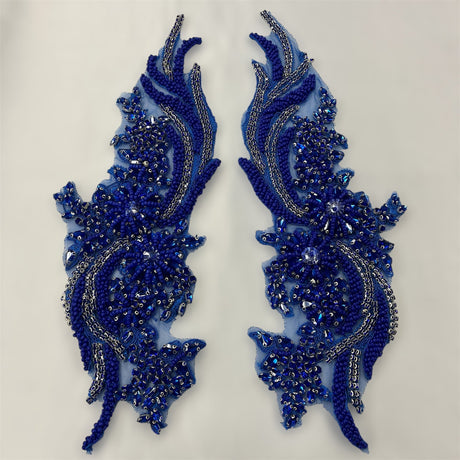 1 Pair 14" x 4" Each Side Crystal Rhinestone Beaded & Corded Lace 100% Polyester
