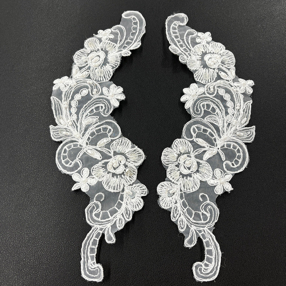1 Yard Beaded and Corded Floral Lace Applique 10" x 3" Each Side Embroidered on 100% Polyester Organza
