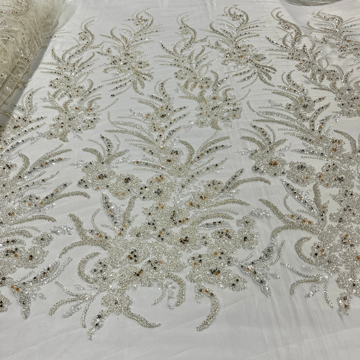 1 Yard Beaded Lace Fabric on 100% Polyester Net Mesh, Elegant Embroidered Textile