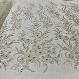 1 Yard Beaded Lace Fabric on 100% Polyester Net Mesh, Elegant Embroidered Textile