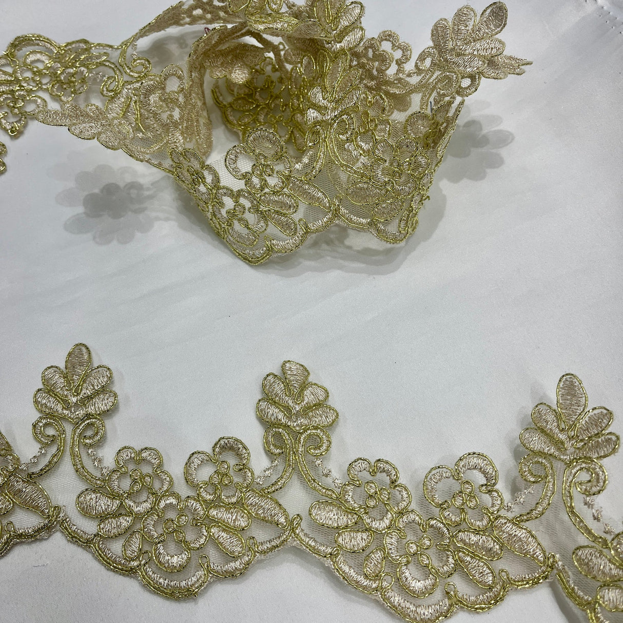 1 Yard Corded Lace Trimming on Net Mesh – 3" Wide Metallic | Embroidered Floral Lace for Special Occasions