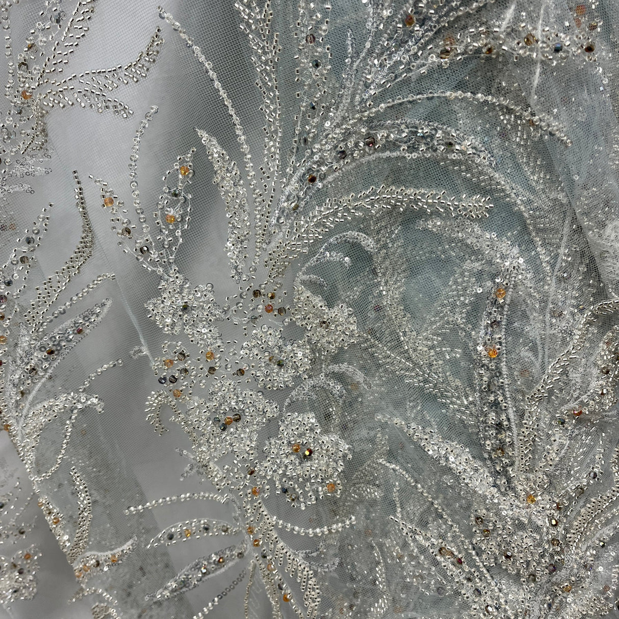 1 Yard Light Blue Beaded Lace Embroidered Fabric, Polyester Net Mesh, 50” Wide