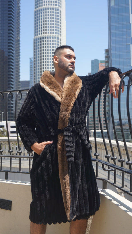 Luxurious Black Faux Fur Long Sleeve Robe / Coat for Lavish Comfort