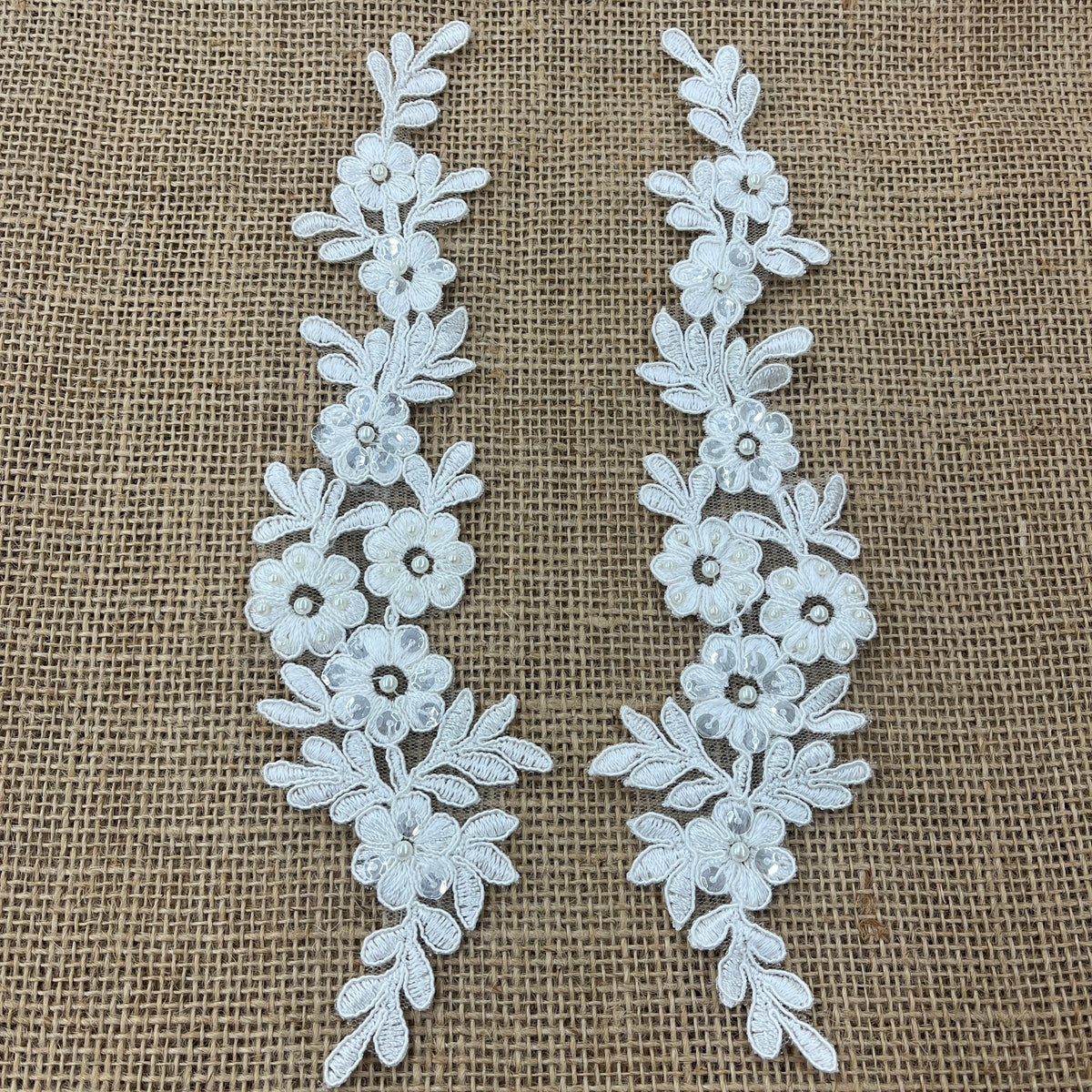 1 Yard Beaded and Corded Floral Lace Applique Embroidered on 100% Polyester Net Mesh 9.5" x 2" Each Side