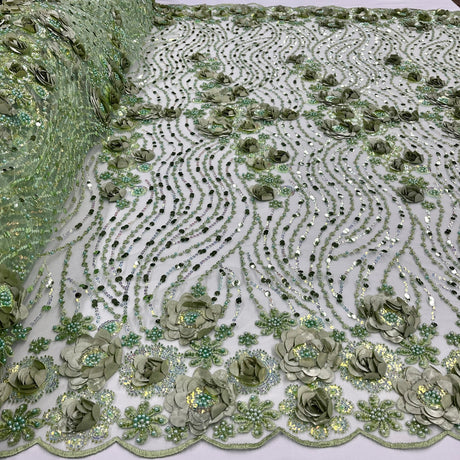 1 Yard Yellow 3D Floral Beaded & Sequined Lace Fabric, Embroidered Sparkling Mesh, 52" Wide, Polyester